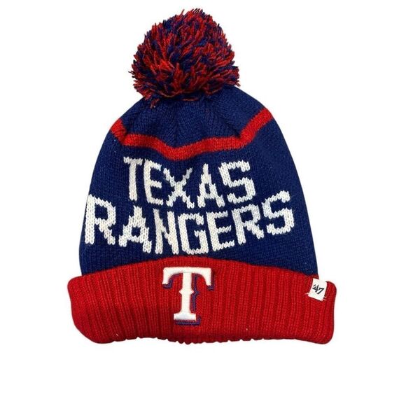 Texas Rangers '47 Cuffed Knit Hat with Pom Royal/Red Unisex Winter Cap - Picture 1 of 3